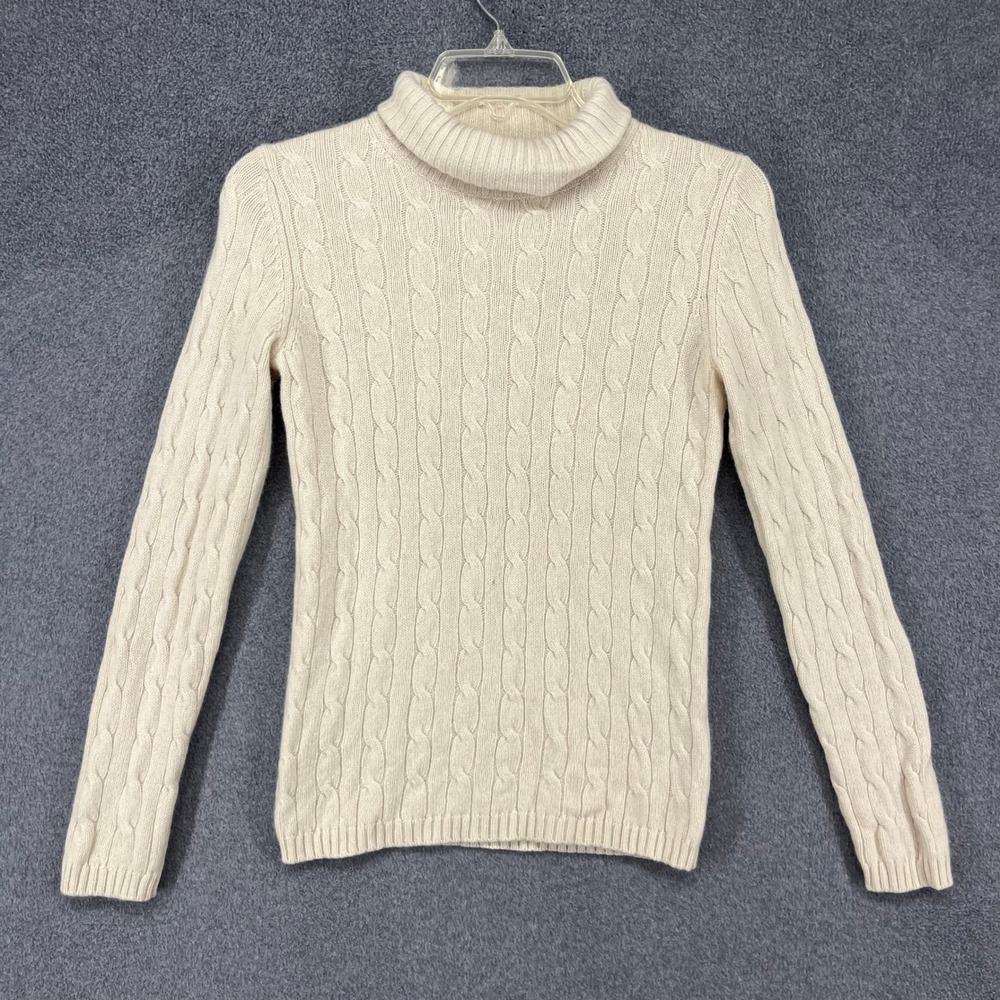 Lord & Taylor Turtleneck Sweater Women XS Cream Cashmere Cable Knit Quiet Luxury